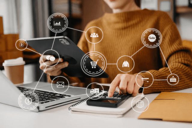 woman hand using laptop smartphone tablet writing notebook office her business online shopping with vr iconxa 71455 1406