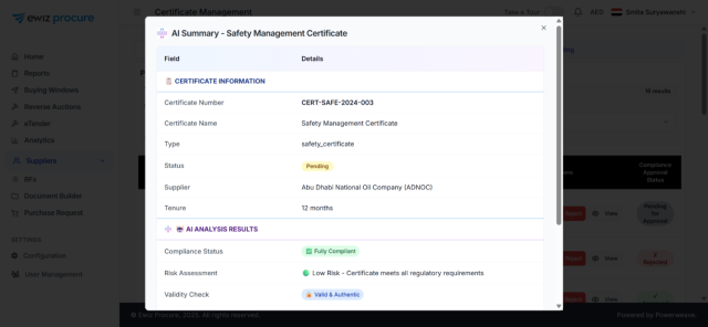 AI supplier management: De-risk onboarding, compliance, and contracts in one connected flow 2 AI certificate summarization by ewiz procure