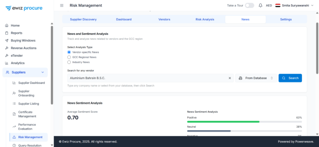 AI supplier management: De-risk onboarding, compliance, and contracts in one connected flow 4 AI-enabled sentiment score for a supplier by ewiz procure